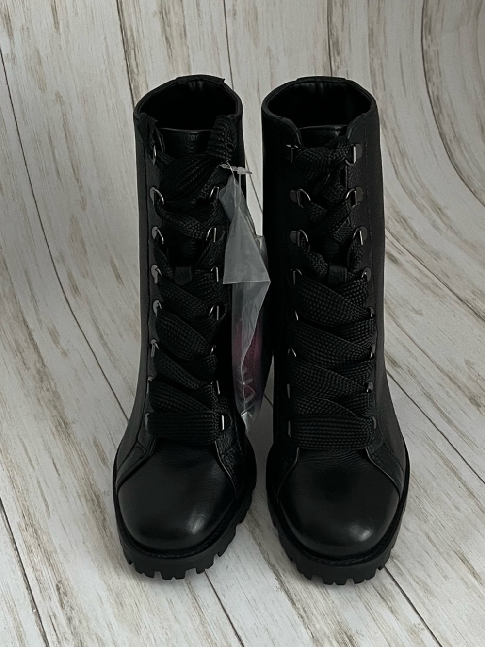 Schutz Zhara Black Leather Lace-Up Block Heel Lug Sole Boots - Picture 4 of 11